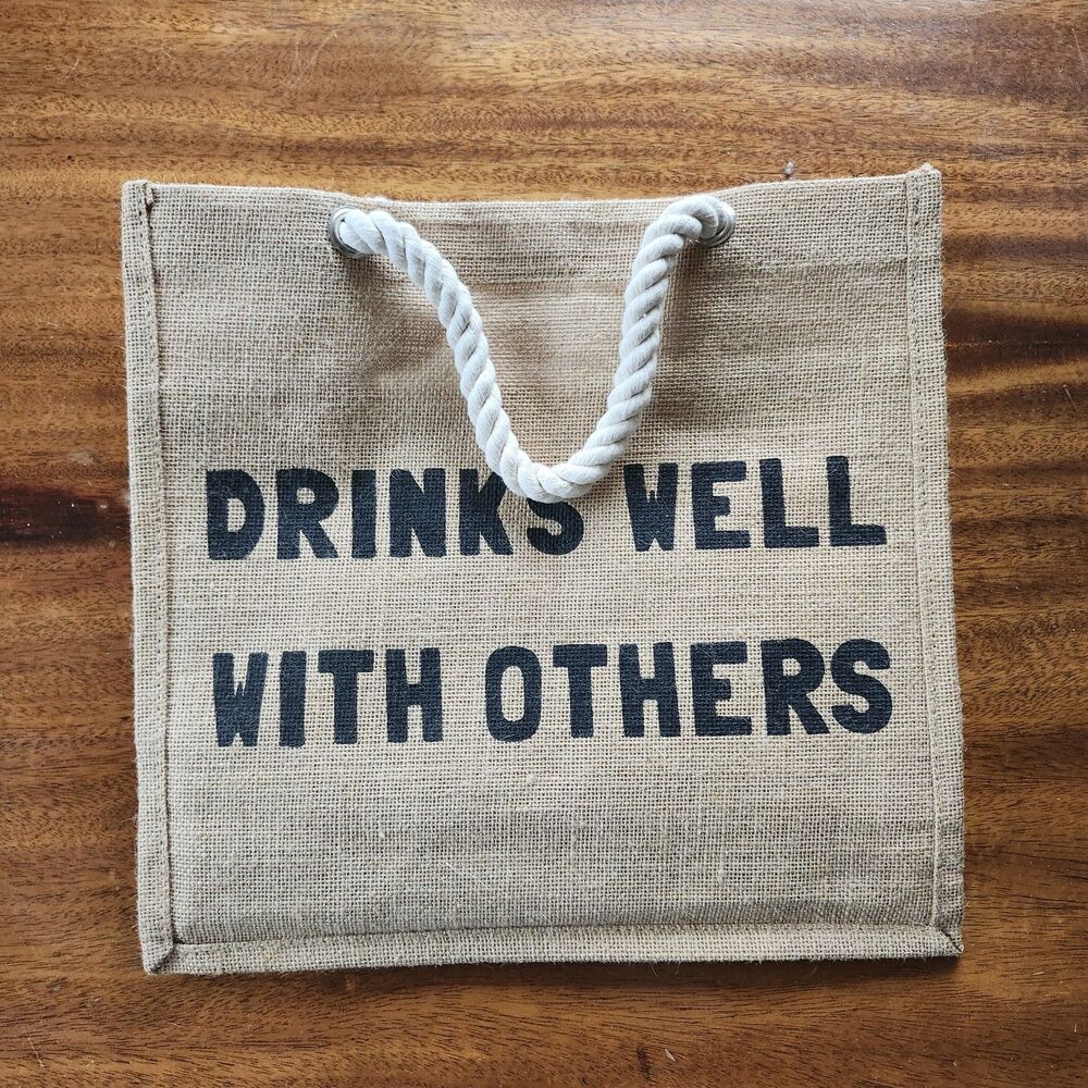 Drinks Well With Others Burlap Wine Tote Bag 6 Bottle Carrier Rope Handles Gift